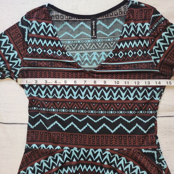 Casa Lee Size M Long Sleeve Geometric Bodycon Midi Dress V-Neck Teal Brown - Picture 7 of 11